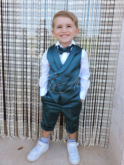 Gilet con strass e pantaloncino cerimonia bambino verde smeraldo