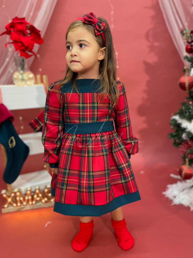 Vestito natalizio in tartan rosso e verde con personalizzazione nome