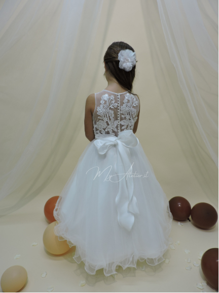 Vestito elegante cerimonia in pizzo e tulle bianco