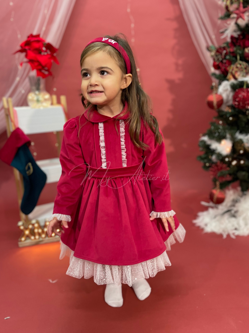 Vestito natalizio in velluto rosso con personalizzazione iniziali