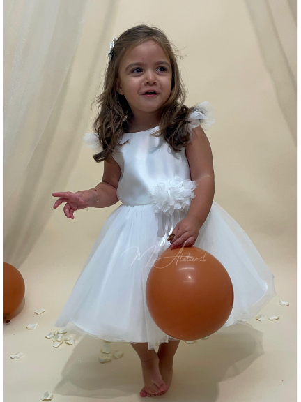 Vestito elegante cerimonia in raso bianco e grosso fiocco dietro