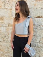 Carica l'immagine nel visualizzatore Galleria, Top Donna Monospalla in Raso Verde Salvia con Fiocco