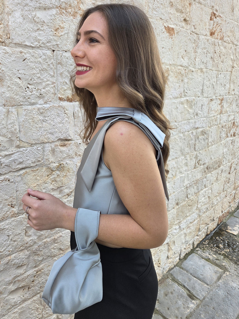 Top Donna Monospalla in Raso Verde Salvia con Fiocco