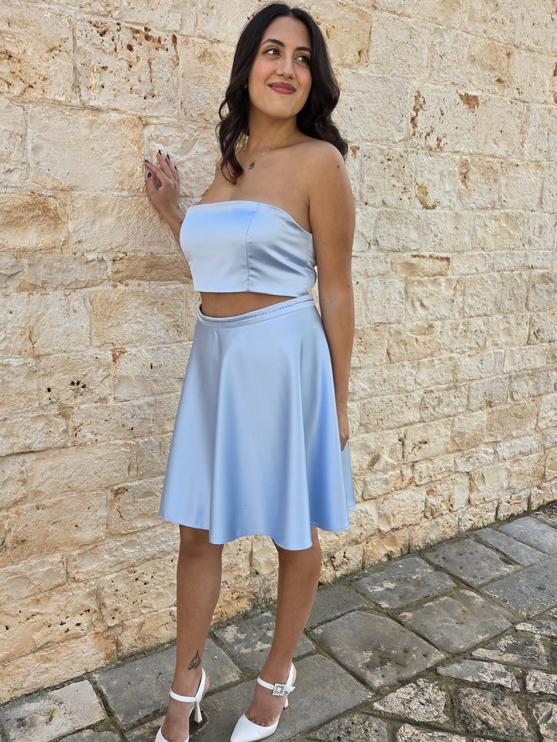 Set Donna Top Décolleté e  Gonna in Raso Celeste