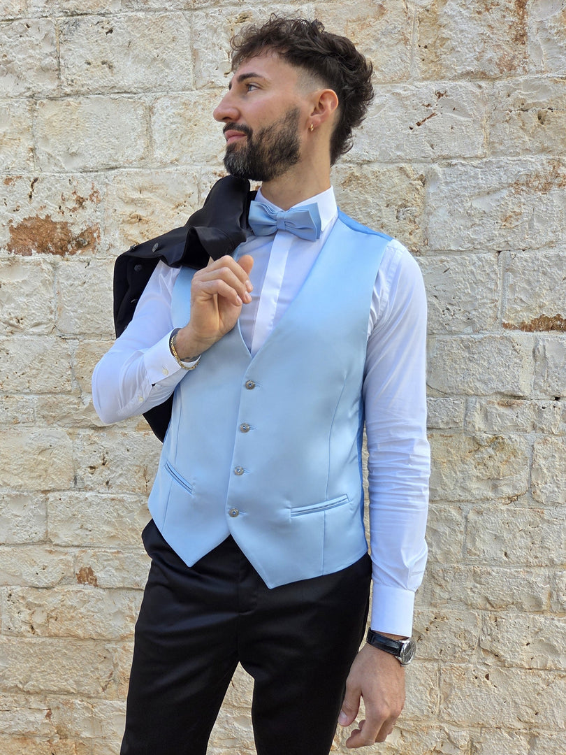 Gilet Uomo Monopetto e Papillon in Raso Celeste