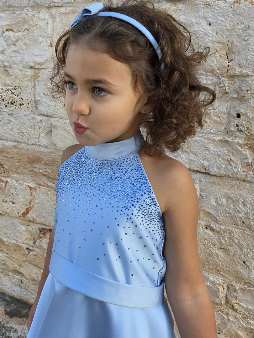 Cerimonia Bambina Celeste con Strass e Fiocco Personalizzabile