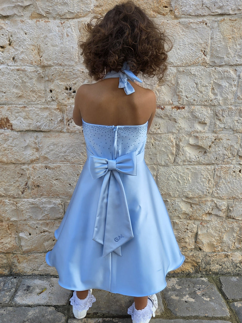 Cerimonia Bambina Celeste con Strass e Fiocco Personalizzabile