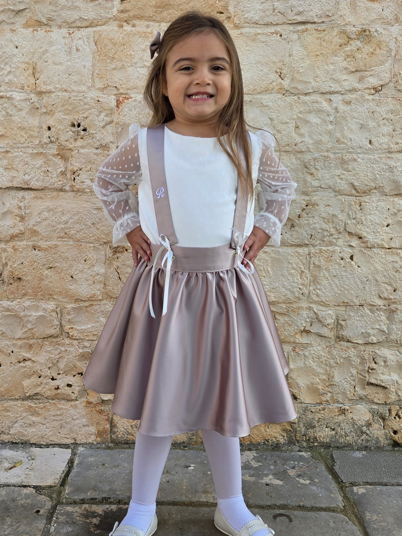 Set Bimba Gonnellina con Bretelle in Raso con Ricamo Personalizzato