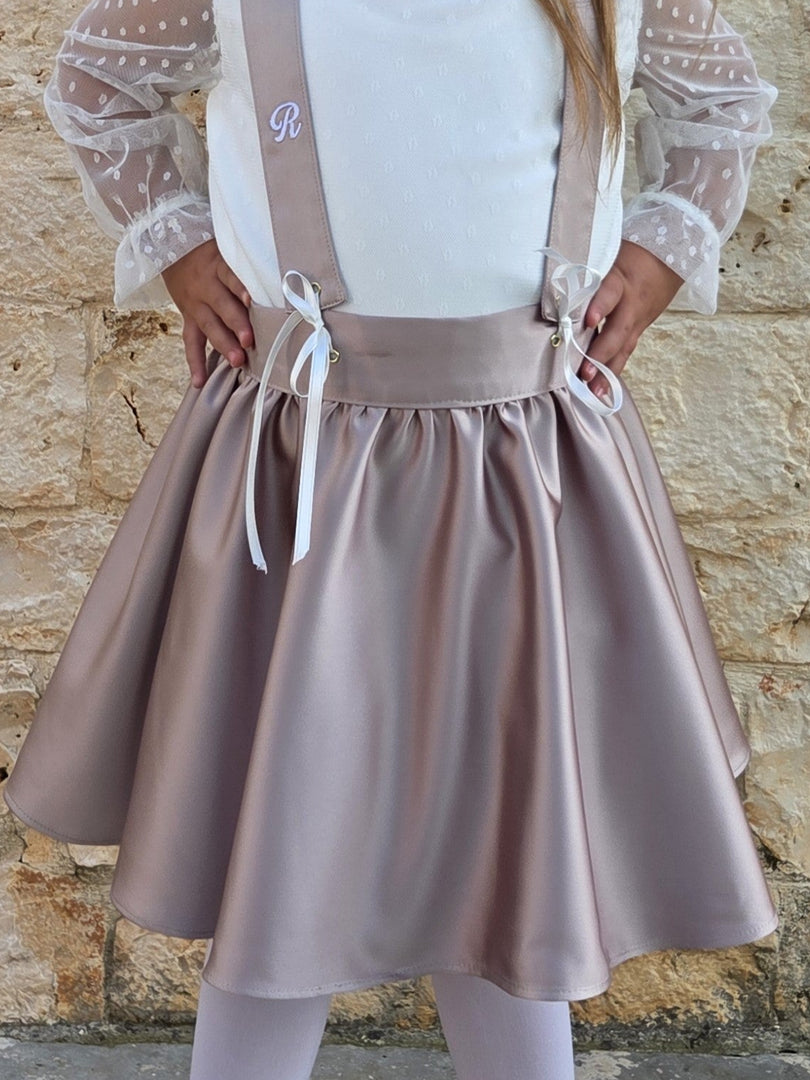 Set Bimba Gonnellina con Bretelle in Raso con Ricamo Personalizzato