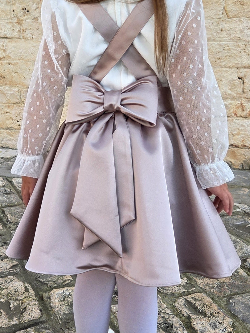 Set Bimba Gonnellina con Bretelle in Raso con Ricamo Personalizzato