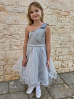 Carica l'immagine nel visualizzatore Galleria, Abito Bimba Monospalla in Raso Verde Salvia con Fiocco