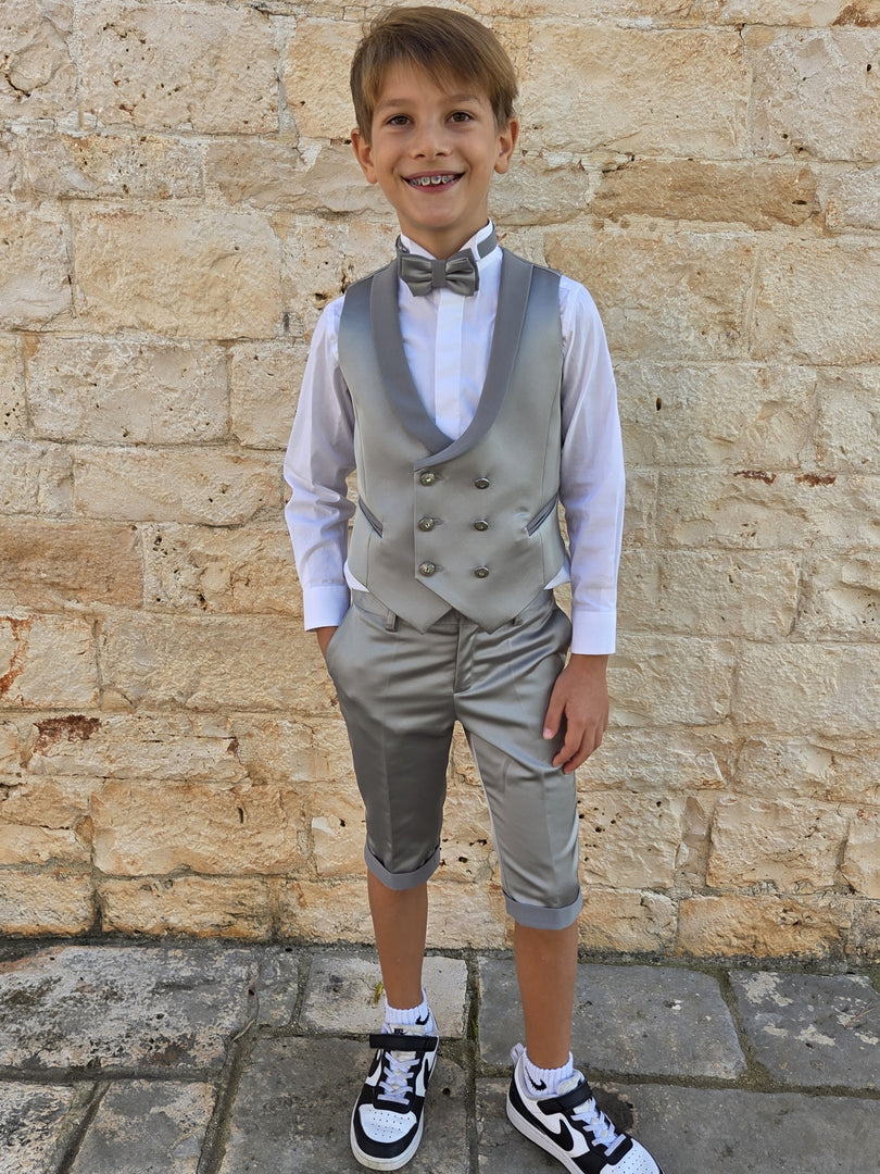 Set Bimbo in Raso Verde Salvia Gilet Doppio Petto e Pantaloncino