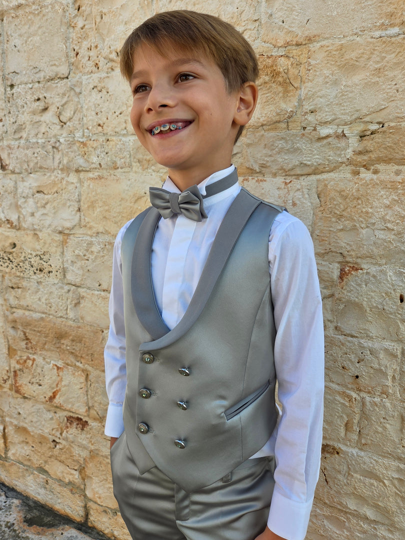 Set Bimbo in Raso Verde Salvia Gilet Doppio Petto e Pantaloncino