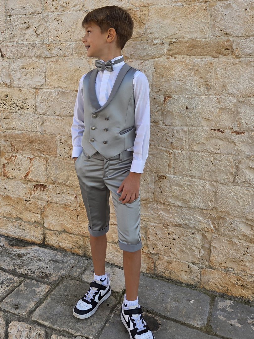 Set Bimbo in Raso Verde Salvia Gilet Doppio Petto e Pantaloncino