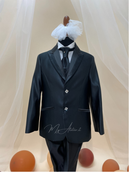 Completo giacca  lancia 2 bottoni pantalone gilet e cravattino nero bottoni swarovski Tg. 6 anni