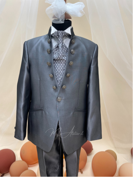 Completo cerimonia bambino grigio scuro guru con gilet e cravattino lavorato Tg.8 anni