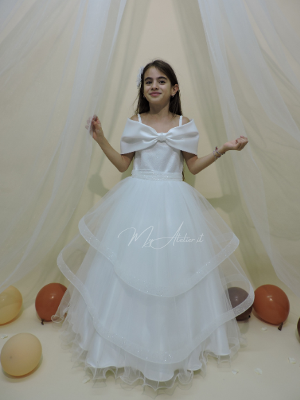 Vestito comunione con grande fiocco sulle spalle