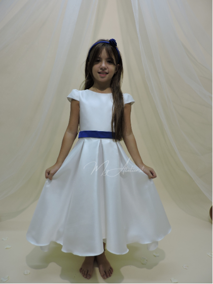 Vestito elegante cerimonia in mikado bianco con cinta fiocco e calate azzurre con personalizzazione nome