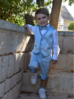 Carica l&#39;immagine nel visualizzatore Galleria, Gilet e pantaloncino cerimonia bambino raso celeste e avion
