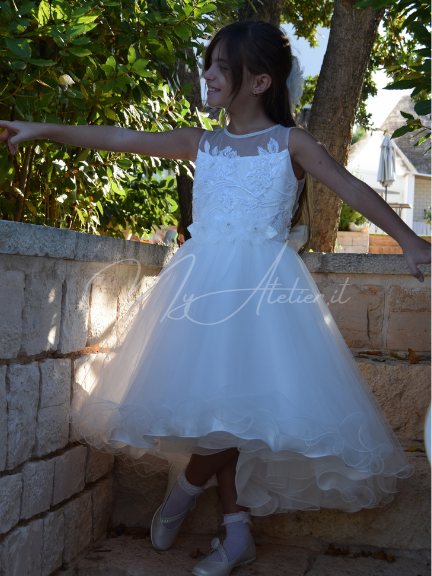 Vestito elegante cerimonia in pizzo e tulle bianco