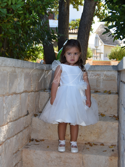 Vestito elegante cerimonia in raso bianco e grosso fiocco dietro