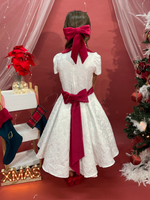 Carica l&#39;immagine nel visualizzatore Galleria, Vestito natalizio in broccato bianco con dettagli in velluto
