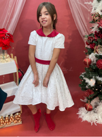 Carica l&#39;immagine nel visualizzatore Galleria, Vestito natalizio in broccato bianco con dettagli in velluto
