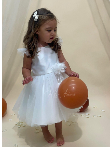 Vestito elegante cerimonia in raso bianco e grosso fiocco dietro