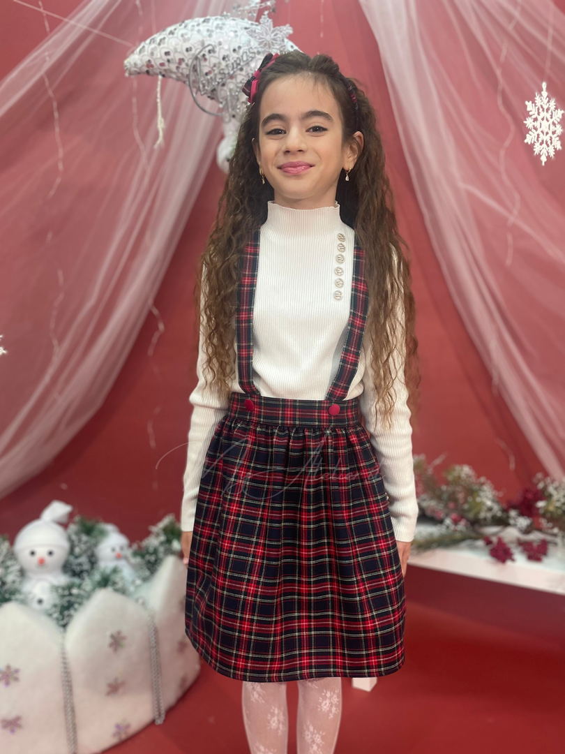 Gonna con bretelle natalizio in tartan blu