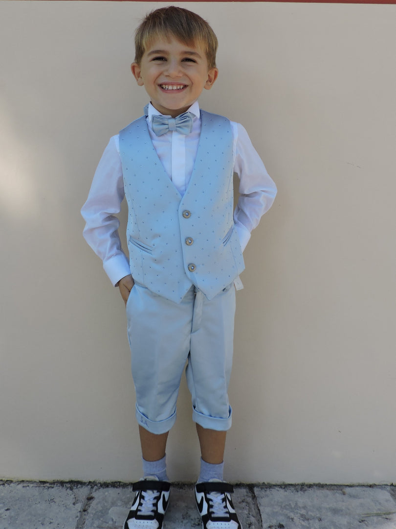 Gilet e Pantaloncini in Raso Celeste con Strass