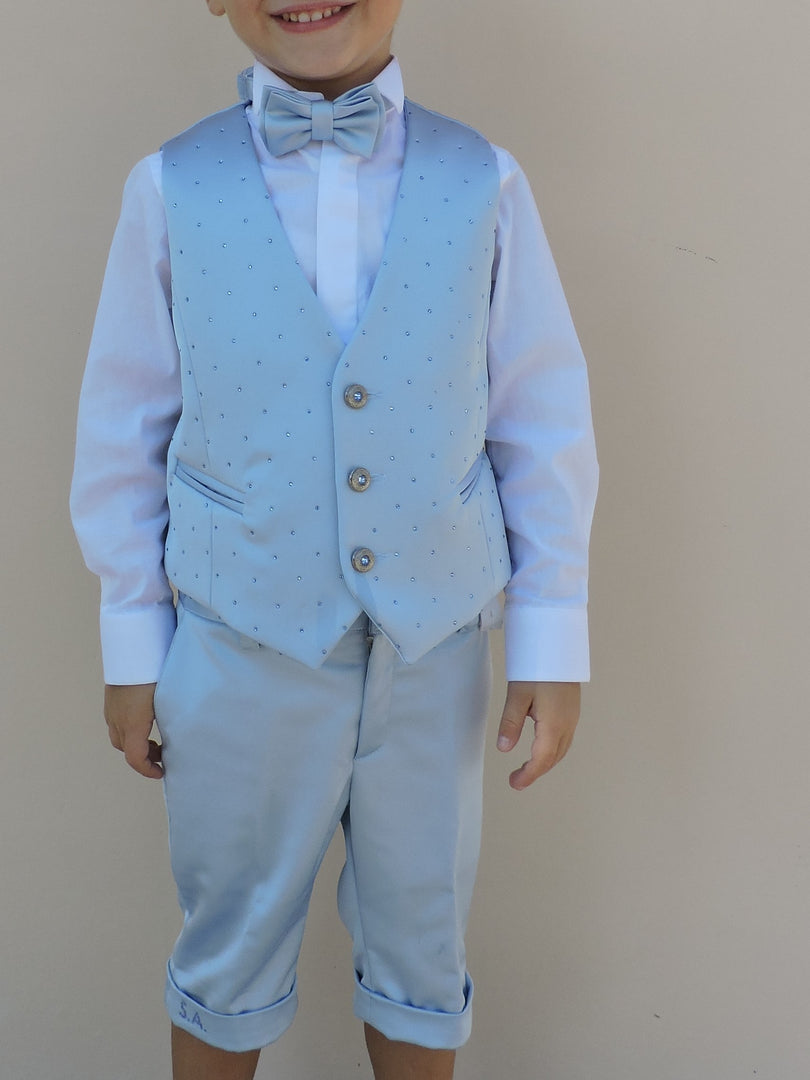 Gilet e Pantaloncini in Raso Celeste con Strass