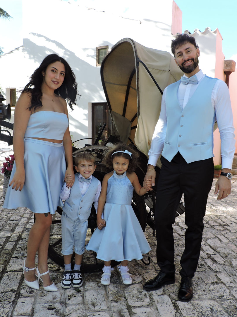 Set Donna Top Décolleté e  Gonna in Raso Celeste