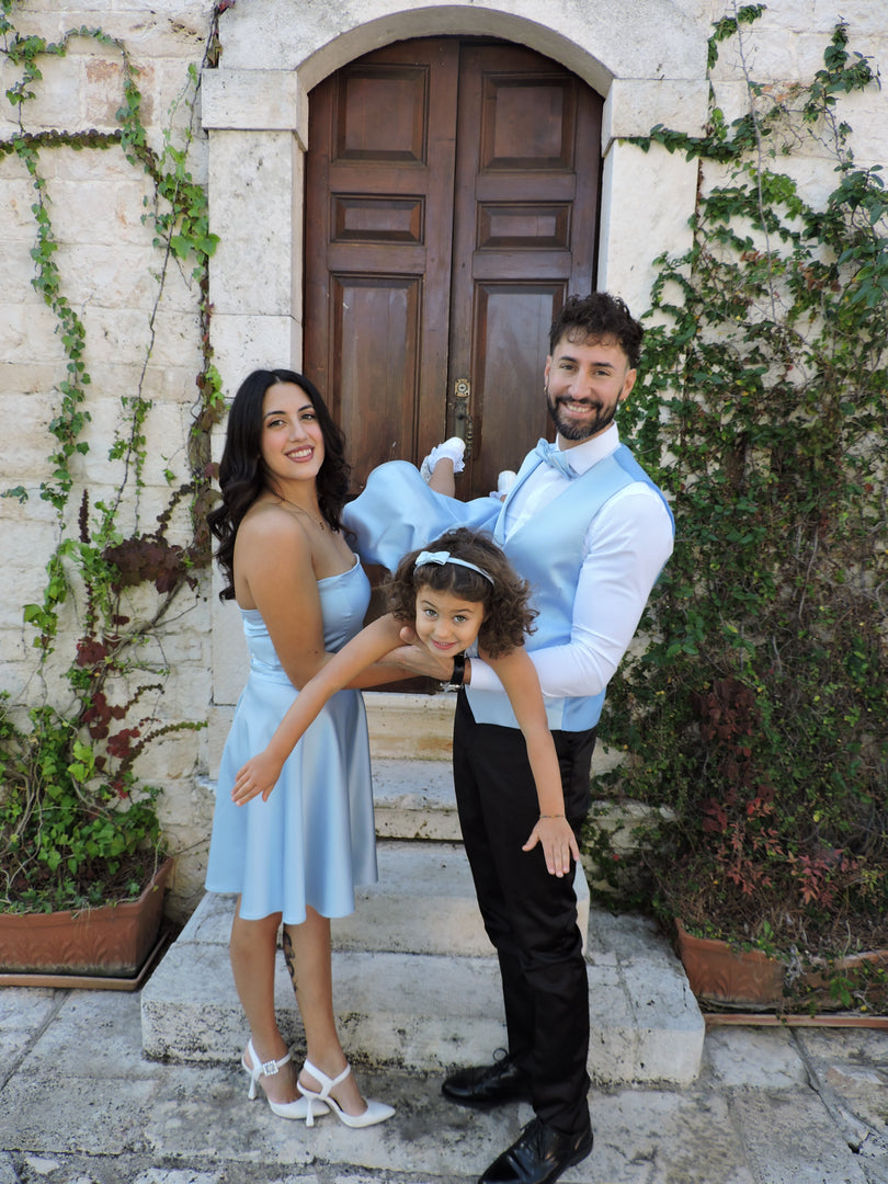 Cerimonia Bambina Celeste con Strass e Fiocco Personalizzabile