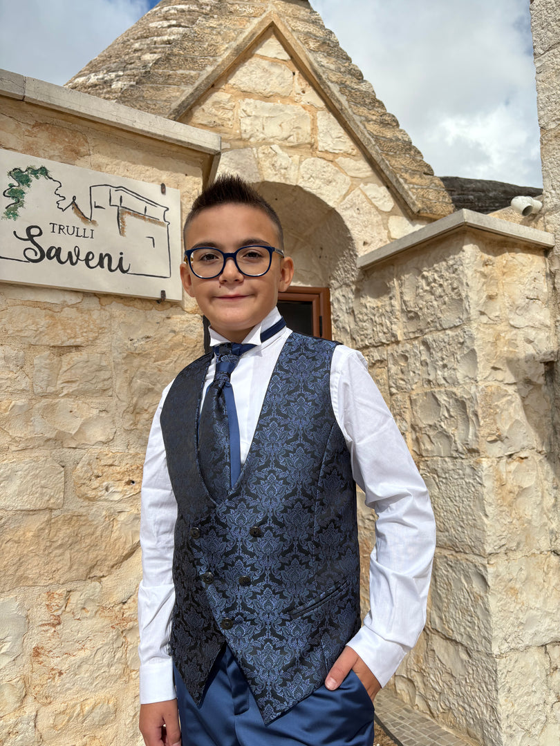 Completo Cerimonia Bimbo in Raso Blu con Gilet Damascato