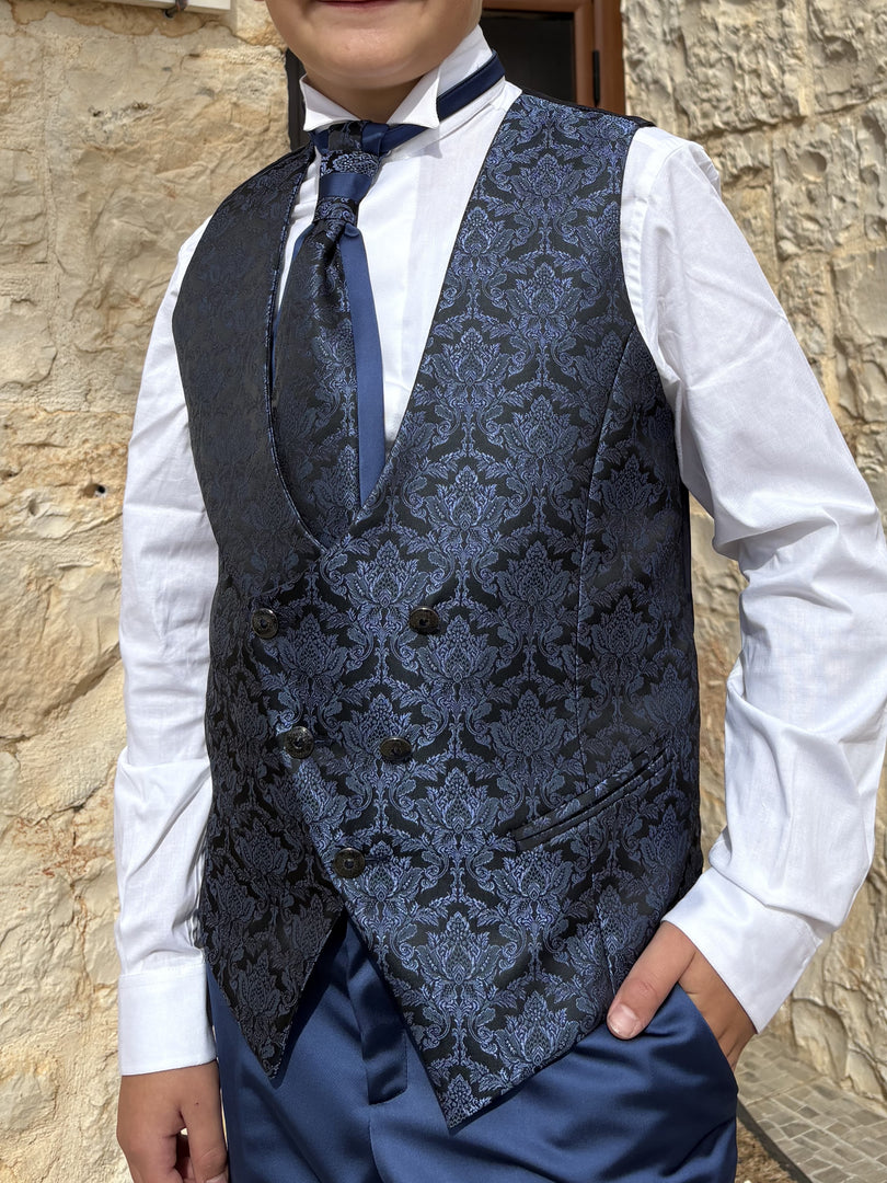 Completo Cerimonia Bimbo in Raso Blu con Gilet Damascato