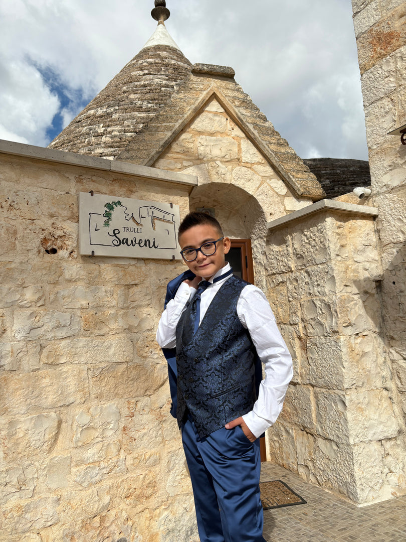 Completo Cerimonia Bimbo in Raso Blu con Gilet Damascato