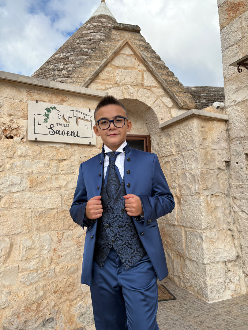 Completo Cerimonia Bimbo in Raso Blu con Gilet Damascato