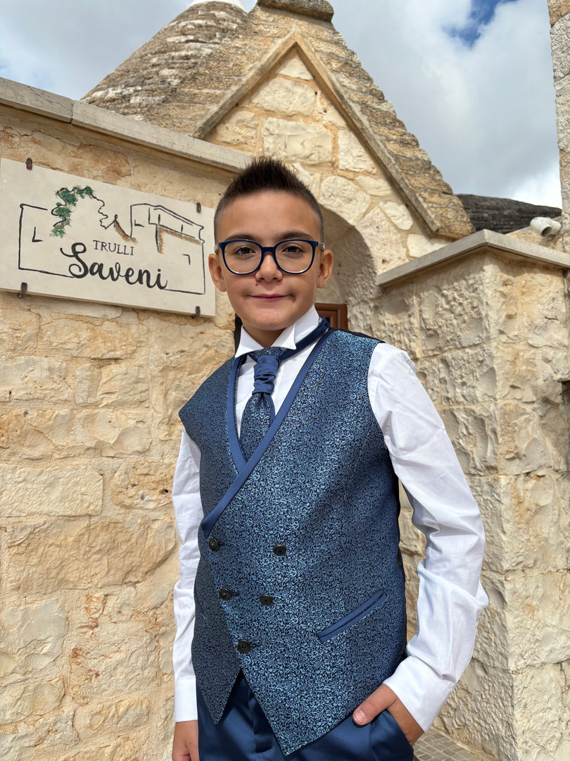 Completo Comunione Bimbo in Raso Blu con Gilet Damascato Azzurro