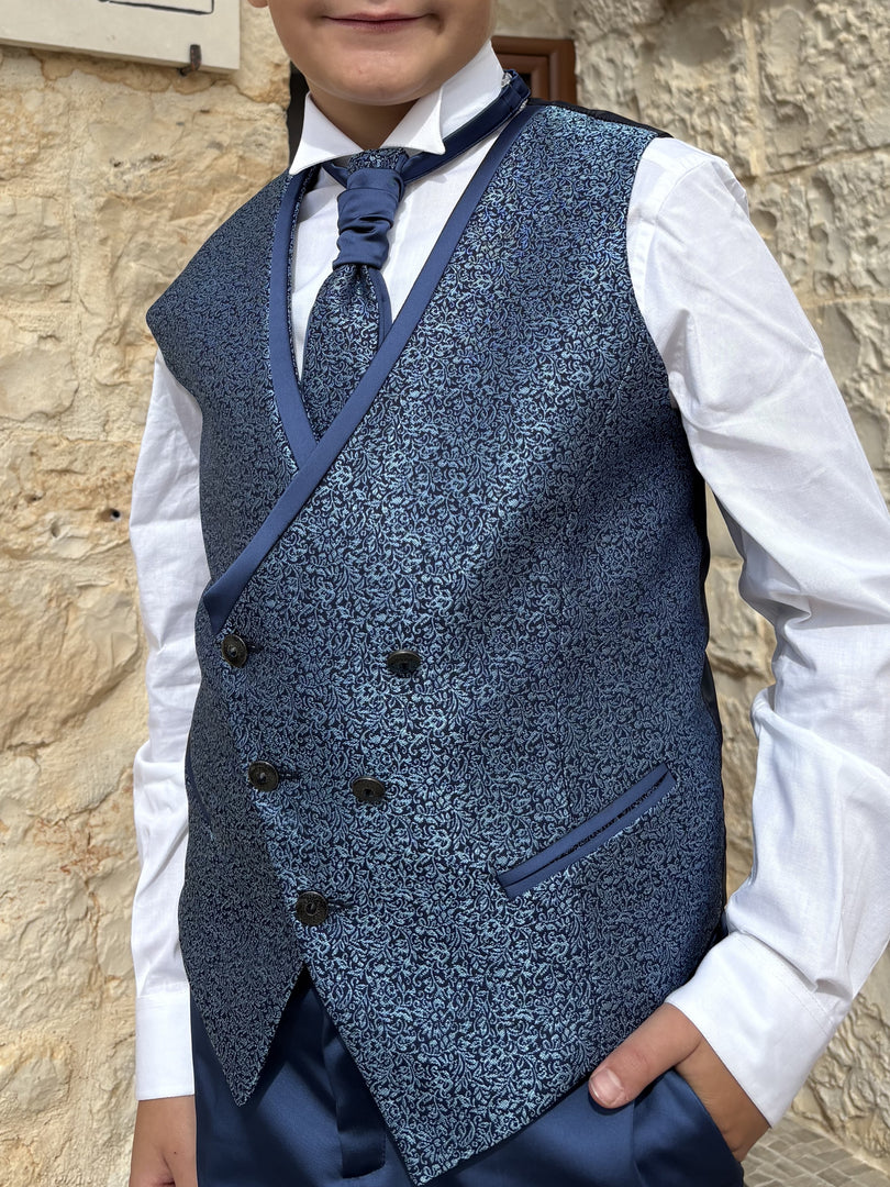 Completo Comunione Bimbo in Raso Blu con Gilet Damascato Azzurro