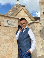 Carica l'immagine nel visualizzatore Galleria, Completo Comunione Bimbo in Raso Blu con Gilet Damascato Azzurro