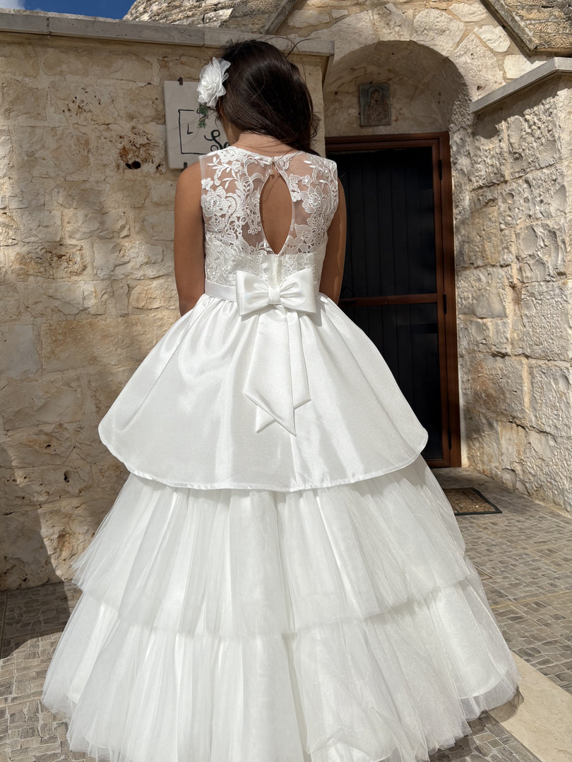 Abito Comunione 2 in 1 in Pizzo Macramè e Mikado con Sottogonna Staccabile