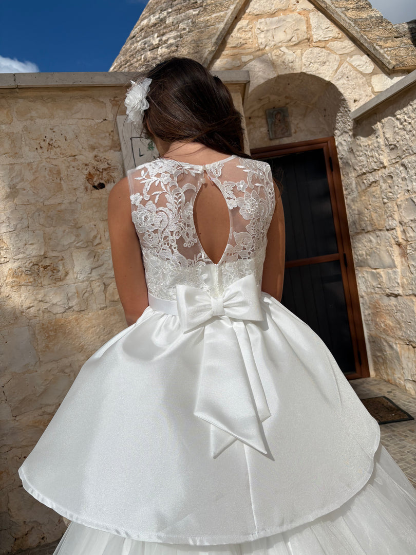 Abito Comunione 2 in 1 in Pizzo Macramè e Mikado con Sottogonna Staccabile