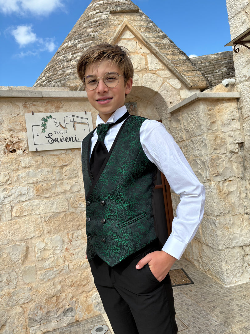 Completo Bimbo Nero con Gilet Damascato Verde