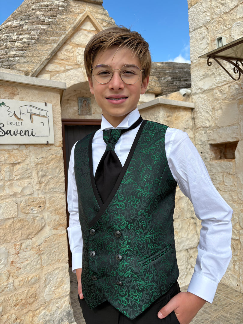 Completo Bimbo Nero con Gilet Damascato Verde