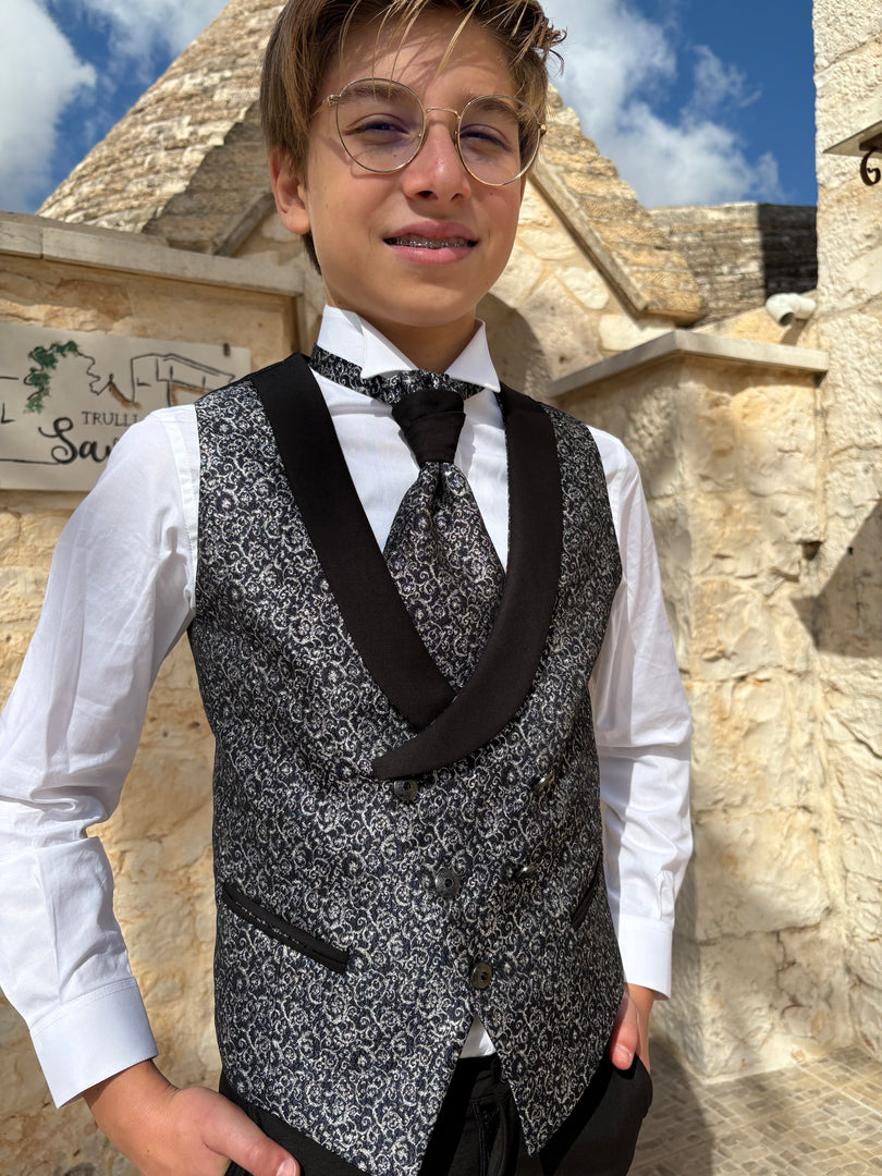 Completo Bimbo Nero con Gilet Damascato Nero e Argento Laminato