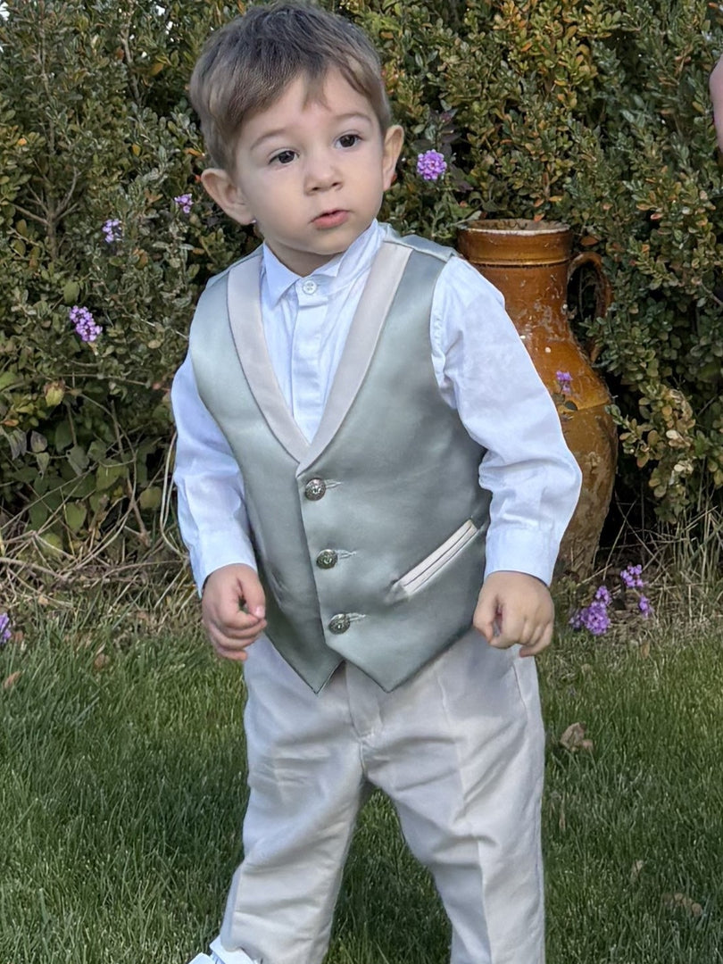 Set Bimbo Gilet Verde Salvia e Pantalone Tortora