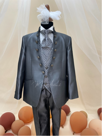 Completo cerimonia bambino grigio scuro guru con gilet e cravattino lavorato Tg.8 anni